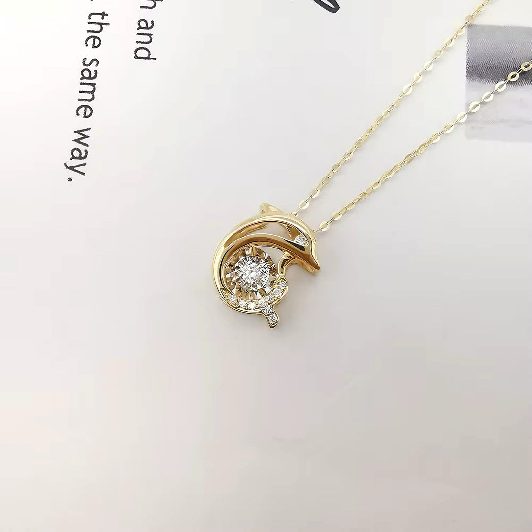 Dolphin Pendant Necklace with Dancing Diamond in 18K Solid Yellow Gold