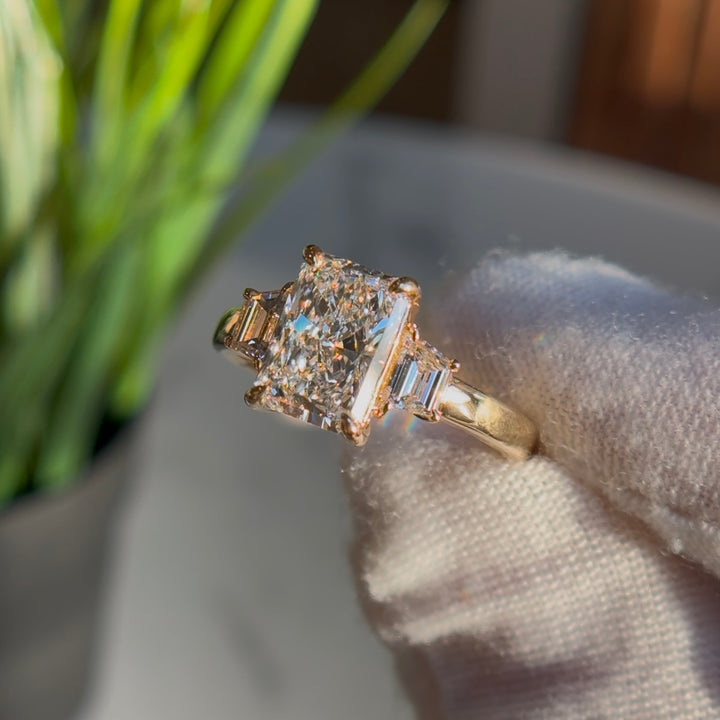 Customized™ 2.10ct Radiant Lab-Grown Diamond Three-Stone Ring in Yellow Gold