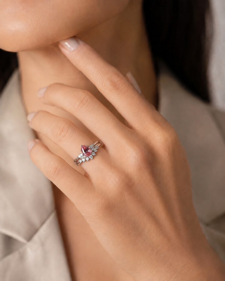 The Aubrey Set — Pink Pear Sapphire Three-Stone Ring with Diamond Stacking Band