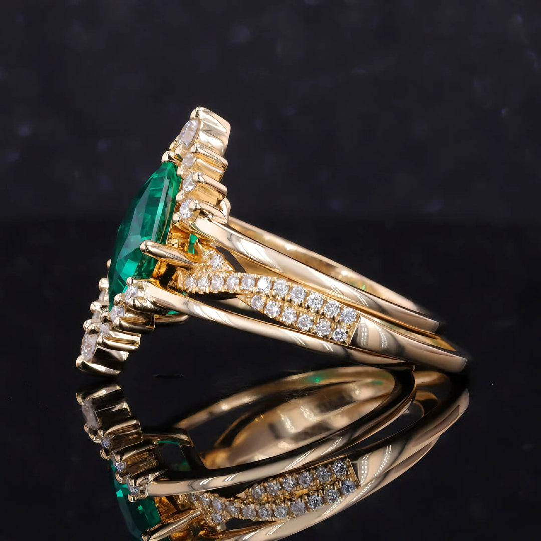 8x8mm, 2.20ct Princess Lab-Grown Colombian Emerald with Twisted-Pavé Band Ring with Two Stacking Diamond Rings in 14K Yellow Gold