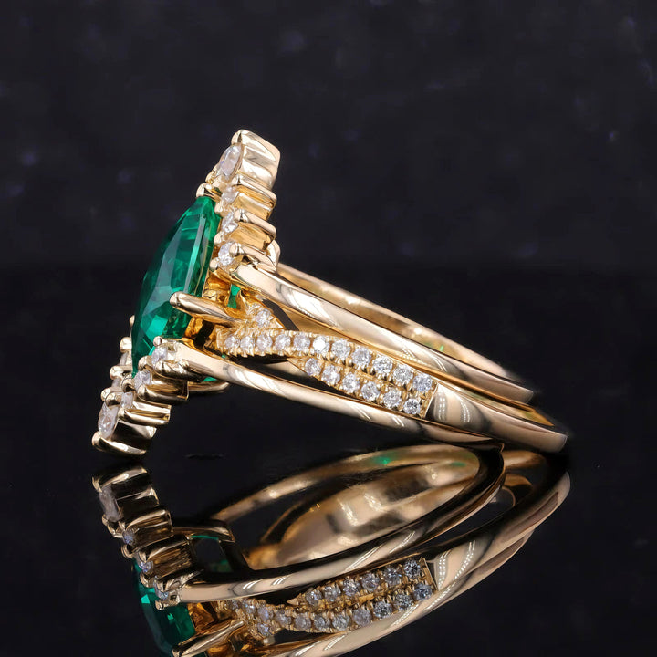 8x8mm, 2.20ct Princess Lab-Grown Colombian Emerald with Twisted-Pavé Band Ring with Two Stacking Diamond Rings in 14K Yellow Gold