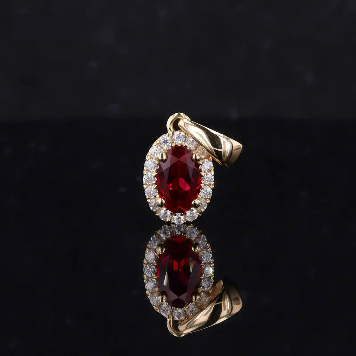 5x7mm, 1.25ct Oval Cut Ruby with Diamond Halo Pendant in 14K Solid Yellow Gold