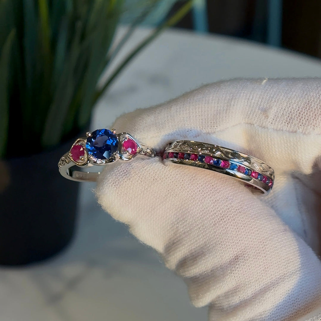 1.00ct "Glitch Rose" Round Ruby & Sapphires Three-Stone Ring in Sterling Silver