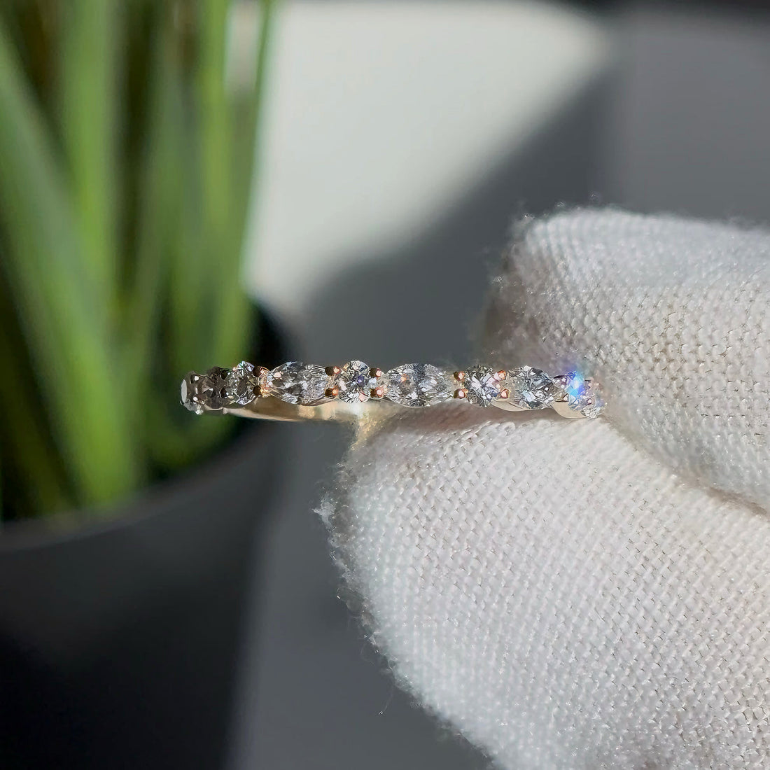 Round and marquise lab diamond half-eternity band, view 10