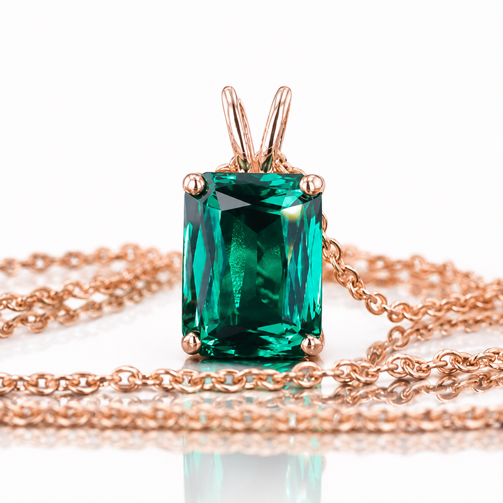 12x16mm, 8.80ct Ashoka Lab-Grown Zambian Emerald Pendant Necklace in 14K Rose Gold