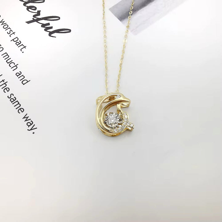 Dolphin Pendant Necklace with Dancing Diamond in 18K Solid Yellow Gold