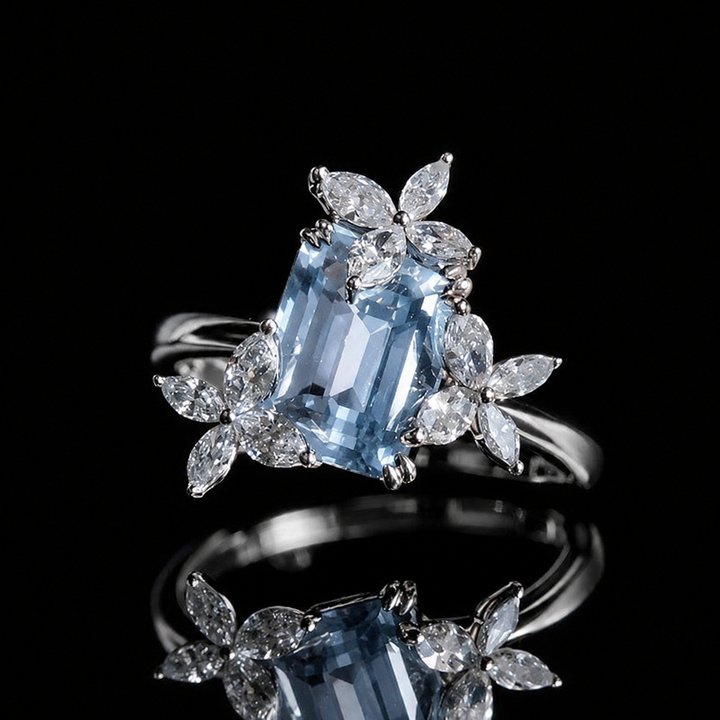 The Jardin — Emerald-Cut Light Blue Sapphire Floral Ring