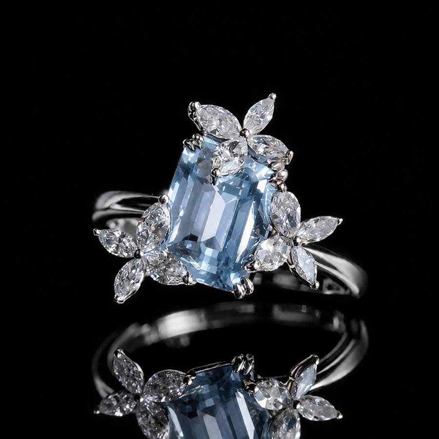 The Jardin — Emerald-Cut Light Blue Sapphire Floral Ring