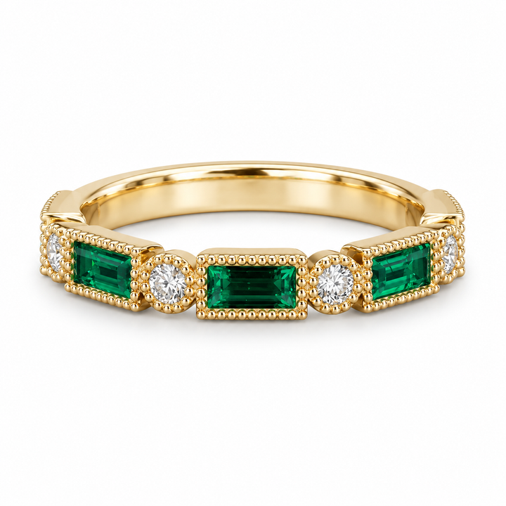 Baguette Lab-Grown Colombian Emerald and Diamond Half-Eternity Band in 14K Yellow Gold