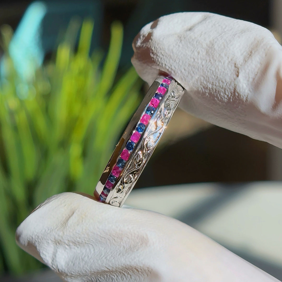 5mm Natural Ruby & Sapphire Band Ring in 10K or 14K Rose or White Gold, “The Fusion Harmony”