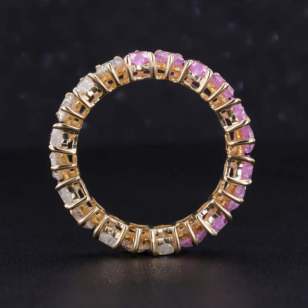 3.5mm, 4.40ctw Heart Lab-Grown Sakura Pink Sapphire & Diamond Eternity Band Ring in 14K Yellow Gold