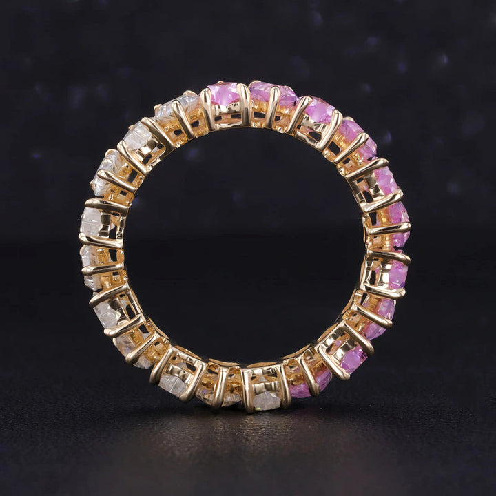 3.5mm, 4.40ctw Heart Lab-Grown Sakura Pink Sapphire & Diamond Eternity Band Ring in 14K Yellow Gold