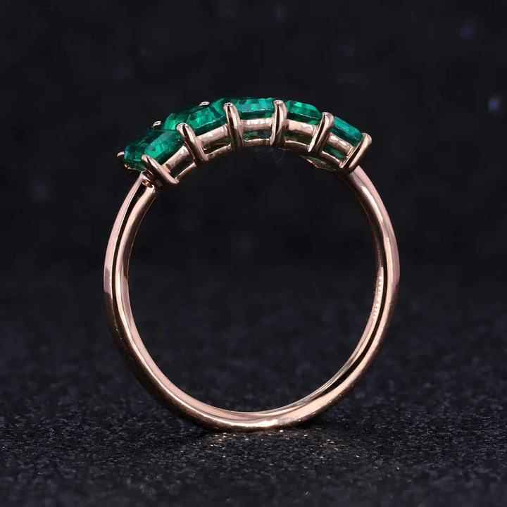 3x5mm, 1.20ctw Lab-Grown Zambian Emerald Five-Stone Ring in 14K Rose Gold