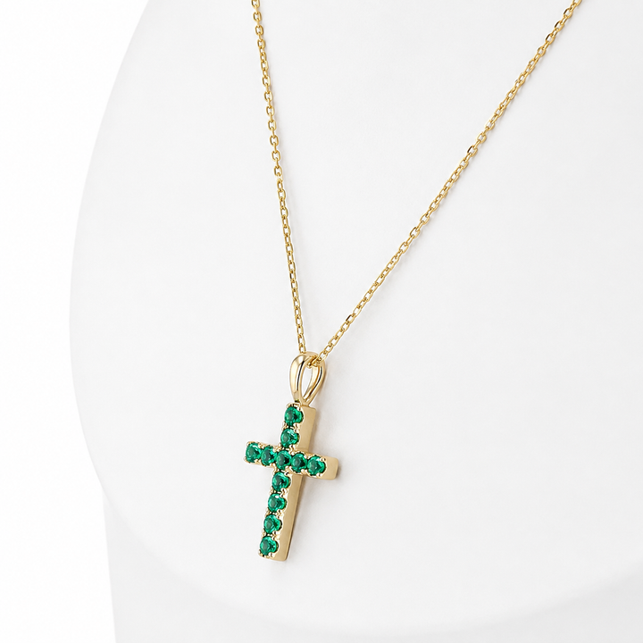 2mm, 0.80ctw Lab-Grown Colombian Emerald Cross Pendant Necklace