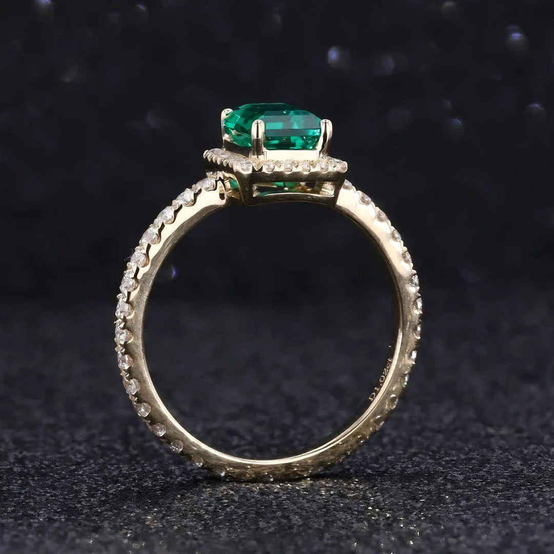 1.00ct Emerald-Cut Zambian Emerald Diamond Halo Eternity Ring in 14K Yellow Gold