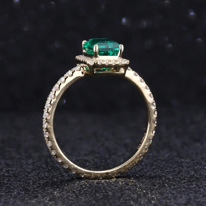 1.00ct Emerald-Cut Zambian Emerald Diamond Halo Eternity Ring in 14K Yellow Gold