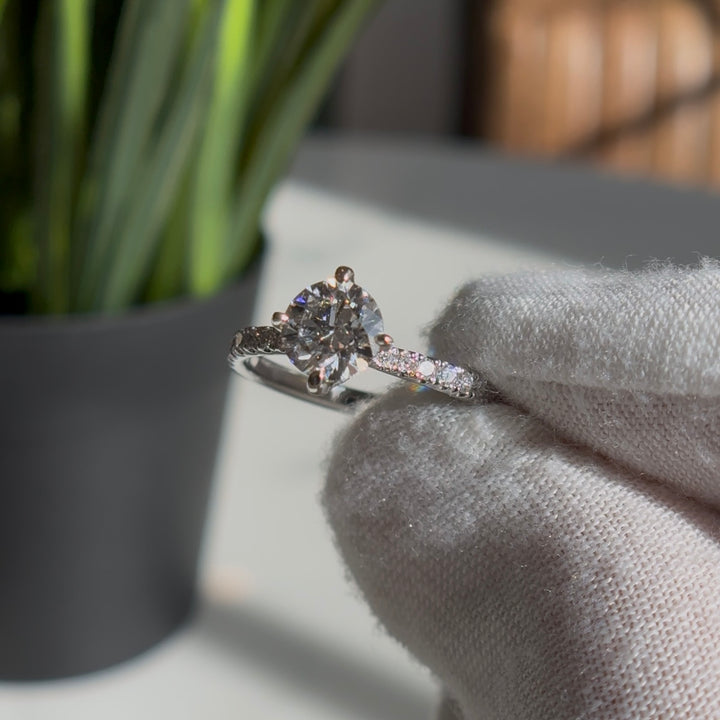 1.00ct Round Lab-Grown Diamond Solitaire Ring with Raised Pavé Crown and Band in White Gold