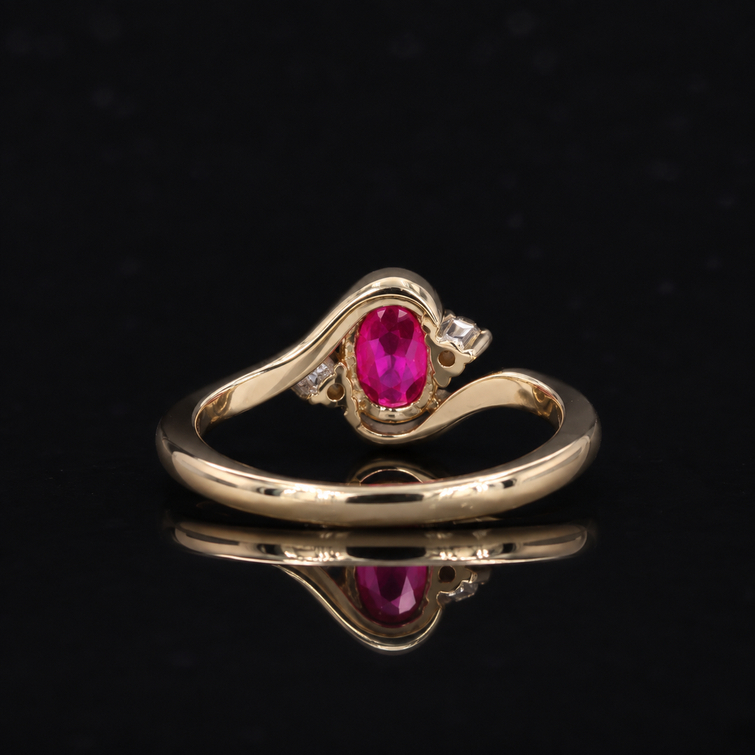 5*7mm Oval Cut Red Ruby with Diamond Twisted Band Ring in 10K Solid Yellow Gold