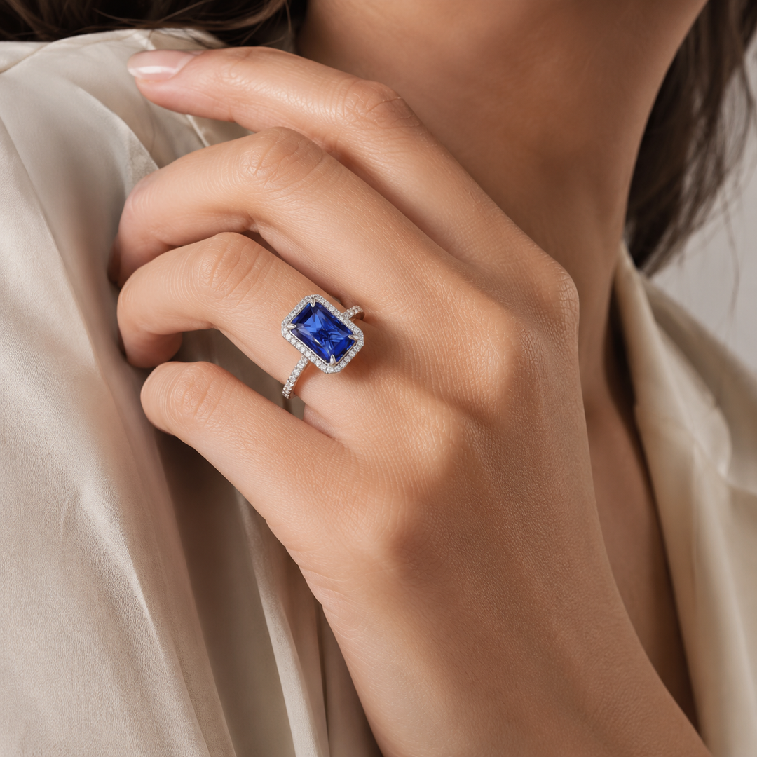The Regalia — Blue Emerald Sapphire with Diamond Halo & Half-Eternity Ring