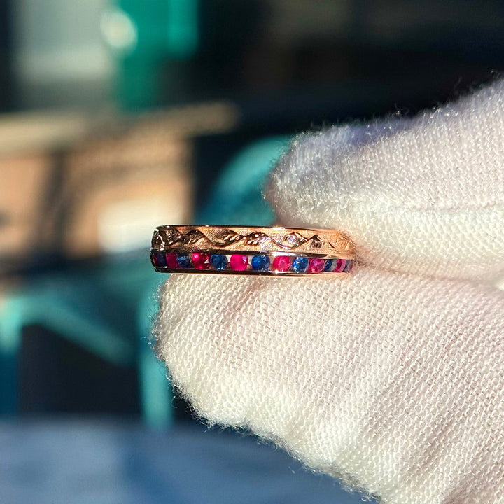 4mm "Fusion Harmony" Natural Ruby & Sapphire Band Ring in Rose Gold