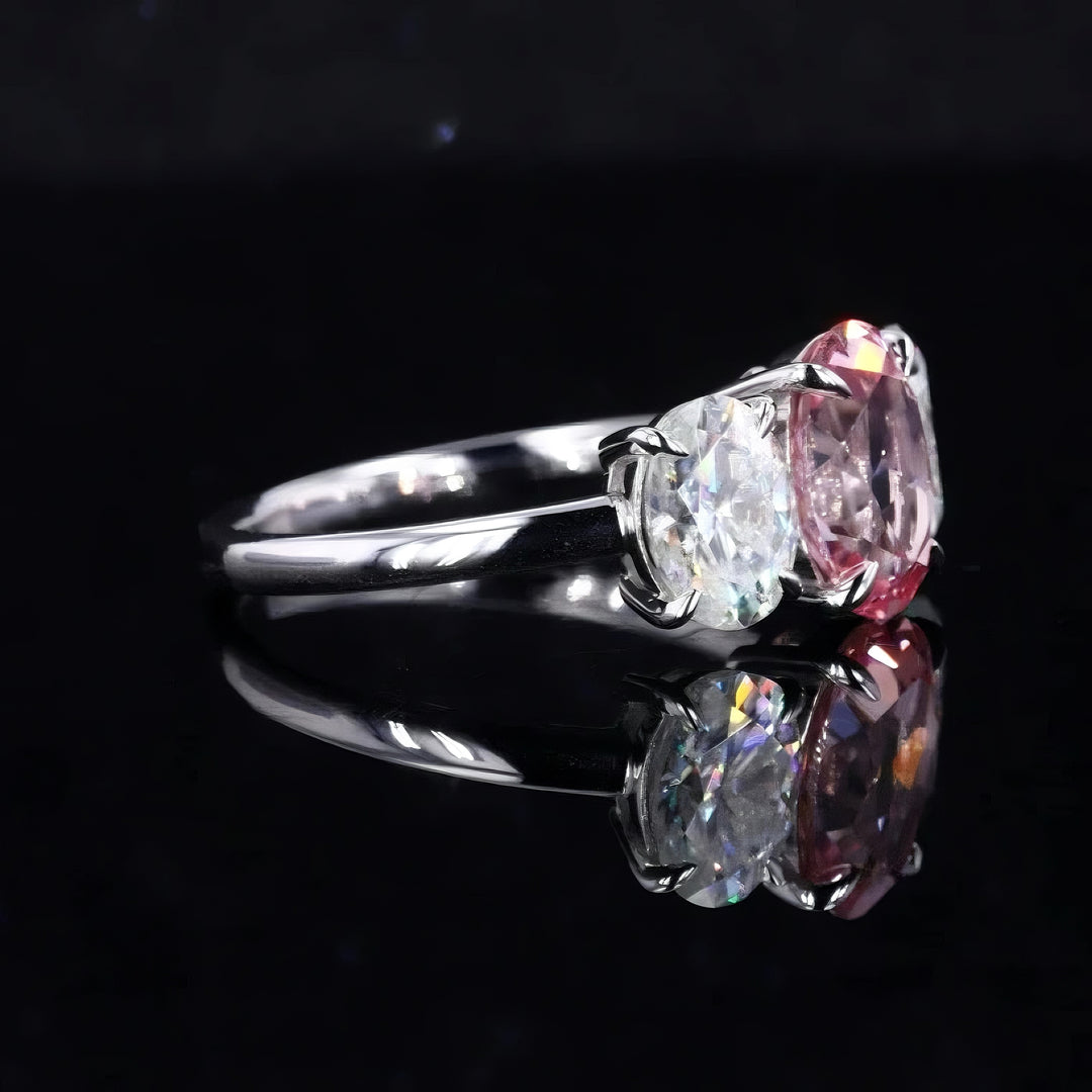 7x9mm, 2.50ct Oval Lab-Grown Sakura Pink Sapphire with Diamonds Three-Stone Ring in 14K White Gold