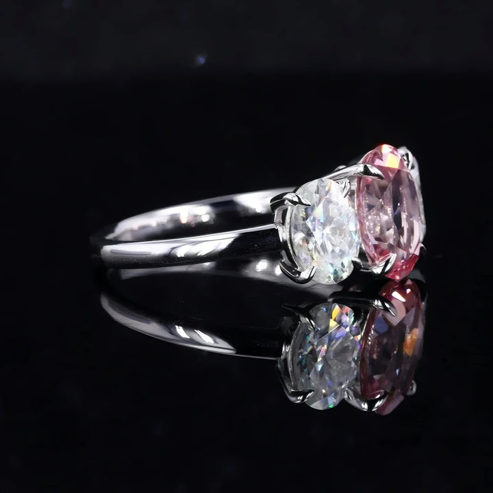 7x9mm, 2.50ct Oval Lab-Grown Sakura Pink Sapphire with Diamonds Three-Stone Ring in 14K White Gold
