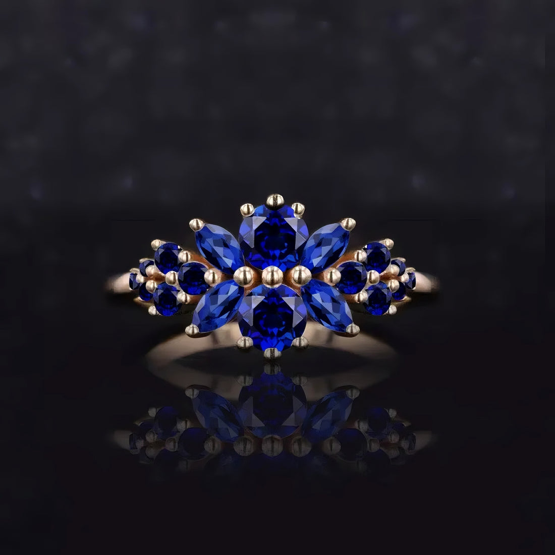 Roseraie lab blue sapphire floral ring, view 1