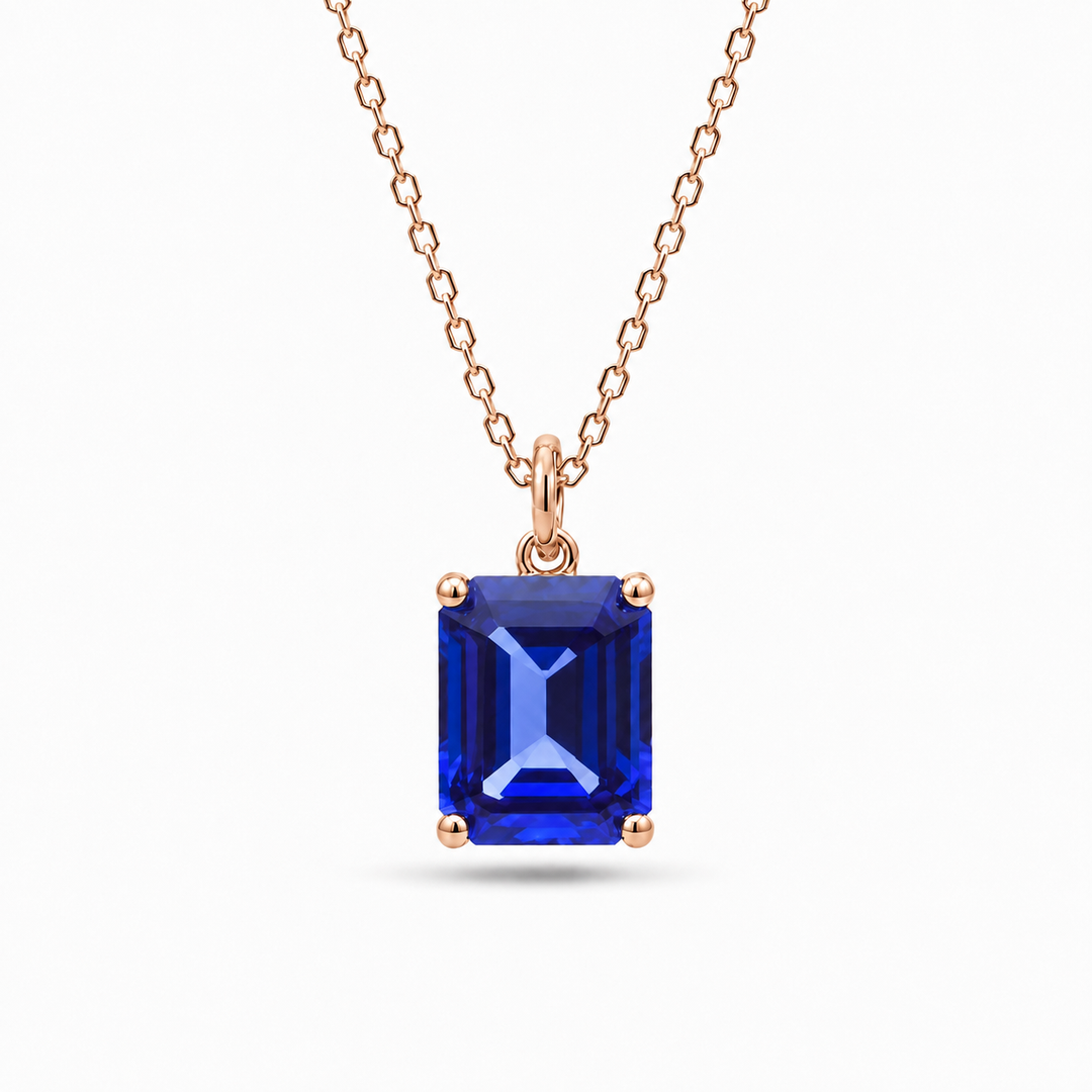 7x9mm, 3.00ct Emerald Lab-Grown Blue Sapphire Pendant Necklace in 14K White Gold