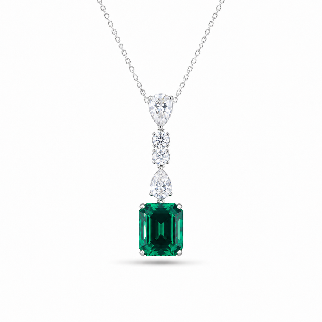 10x12mm, 4.50ct Lab-Grown Zambian Emerald Dangle Pendant with Pear/Round Diamonds Rolo Necklace in 14K White Gold