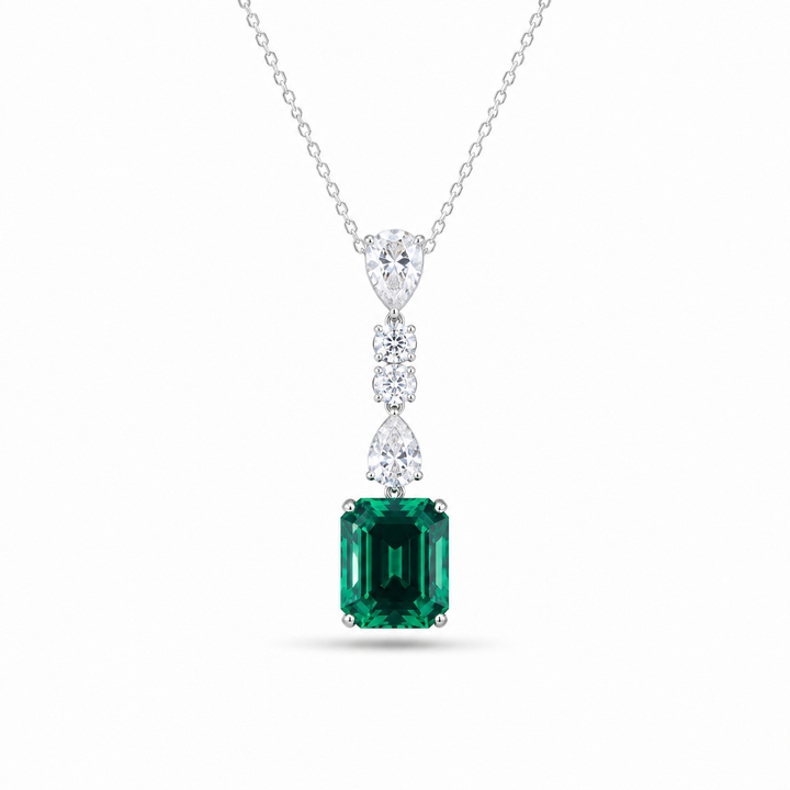 10x12mm, 4.50ct Lab-Grown Zambian Emerald Dangle Pendant with Pear/Round Diamonds Rolo Necklace in 14K White Gold