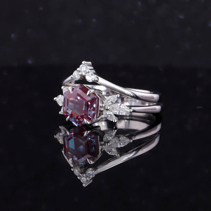2ct Hexagon-Cut Alexandrite & Diamond Ring with Matching Diamond Stacking Band in 14K/18K Gold or Platinum (7mm)
