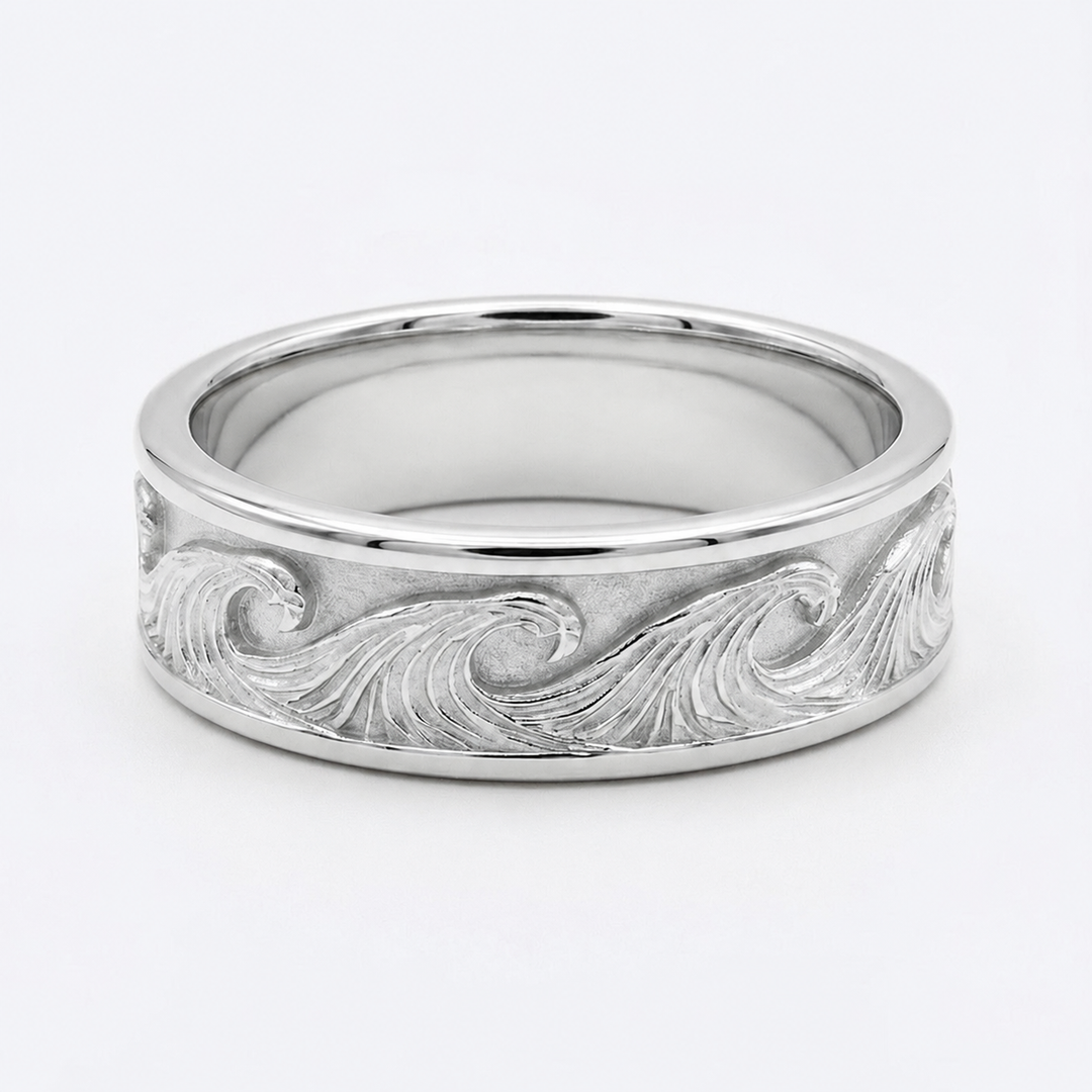 The Kanagawa — 7mm Ocean Wave Solid Gold Wedding Band