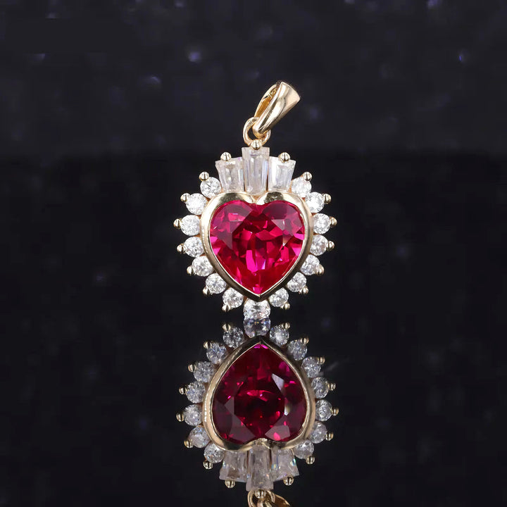 7mm, 2.00ct Heart Lab-Grown Red Ruby Pendant with Diamond Accents in 14K Yellow Gold