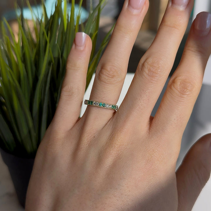 1.00ctw Lab-Grown Colombian Emerald/Diamond Eternity Band Ring in Yellow Gold
