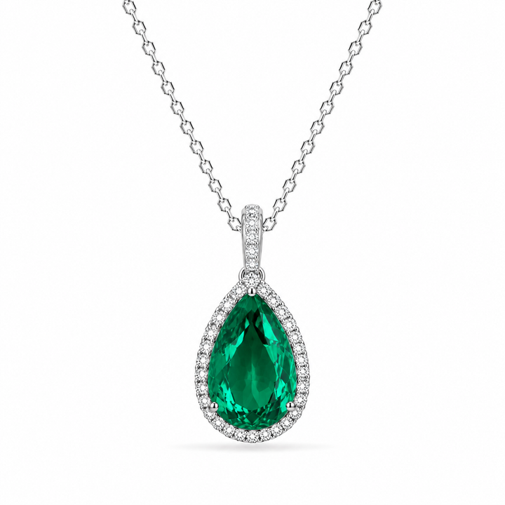 13x18mm, 9.5ct Pear Lab-Grown Colombian Emerald with Diamond Halo Pendant/Necklace