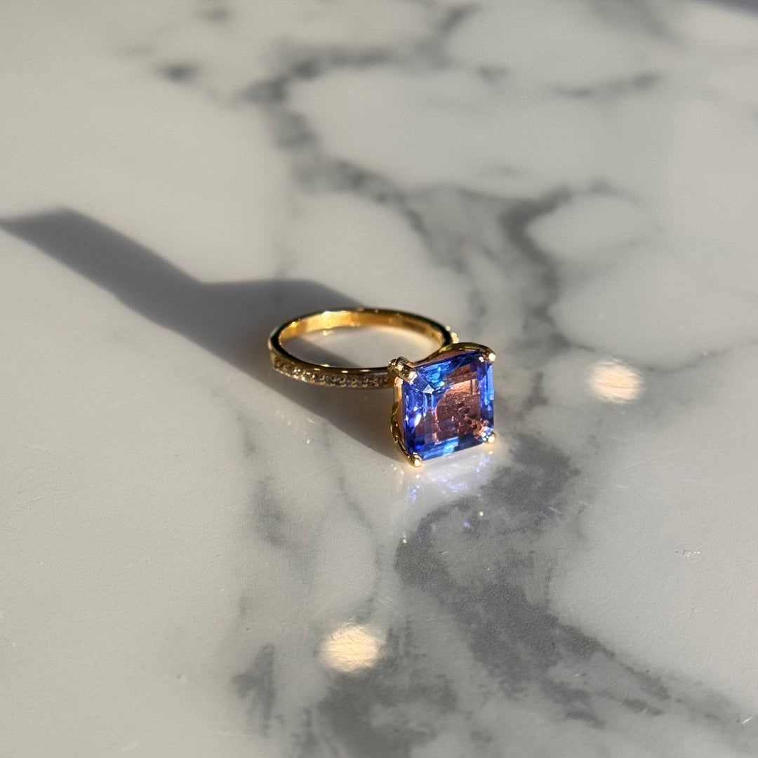 Customized™ 3.75ct Asscher Cut Natural Tanzanite Ring with Half-Eternity/Hidden Halo Design in Yellow Gold