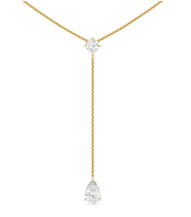 Custom Lariat Necklace – 18K Yellow Gold with 1.63 ct Round & 1.52 ct Pear Diamonds