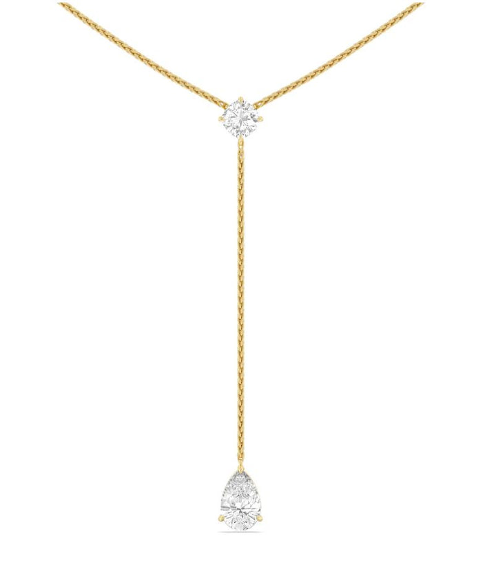 Custom Lariat Necklace – 18K Yellow Gold with 1.63 ct Round & 1.52 ct Pear Diamonds