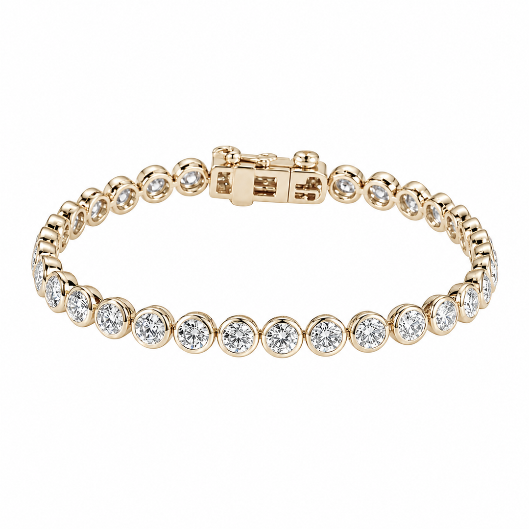 Bezel-Set Round Lab Diamond Tennis Bracelet, 7ctw in 14K Yellow Gold