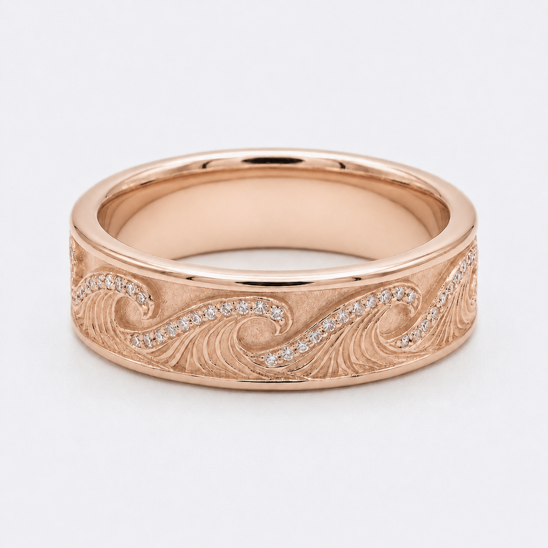 The Ocean Wave — 4mm Hand-Carved Gold/Diamond Wedding Band