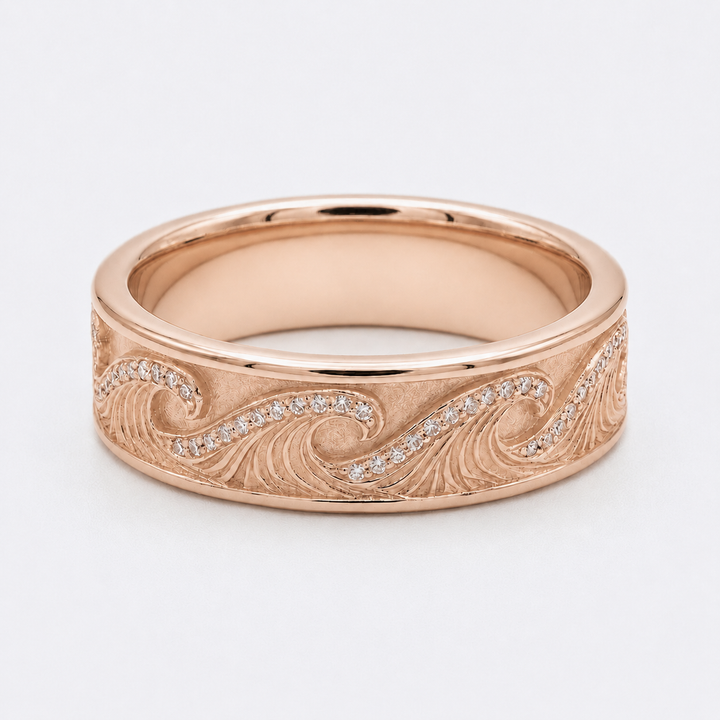 The Ocean Wave — 4mm Hand-Carved Gold/Diamond Wedding Band