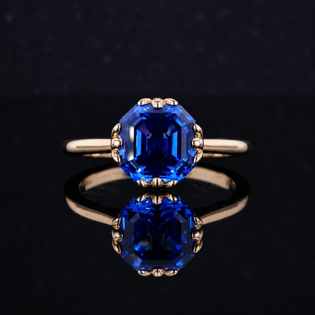 The Verena — Blue Asscher Sapphire with Leaf Prongs Ring