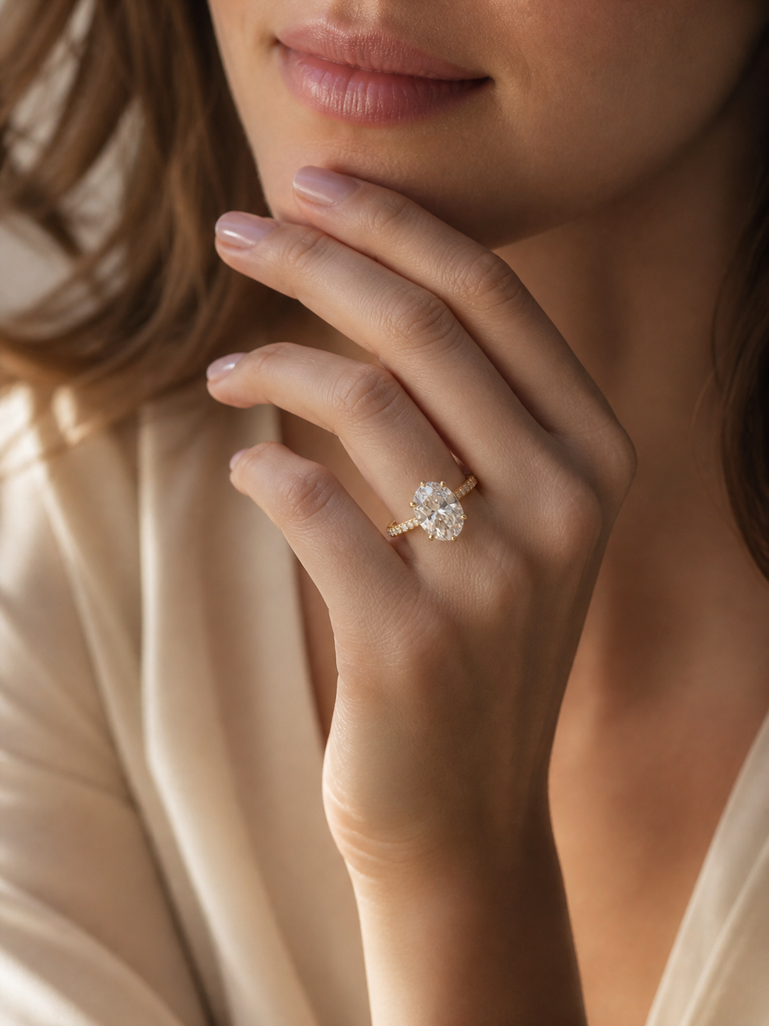 Oval Diamond Ring with Diamond Band, "Lotus Lace Bold"
