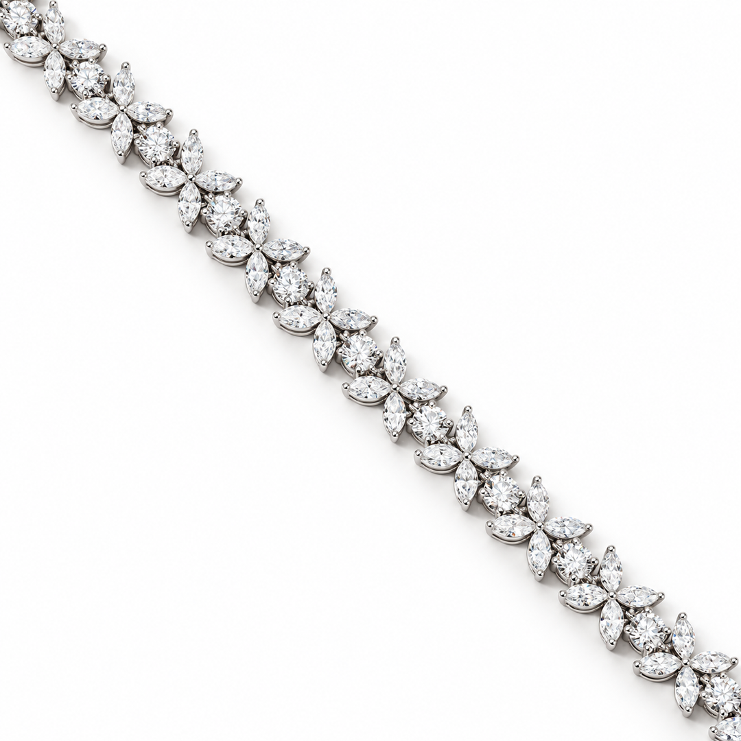 Close-up of the marquise diamond blossoms and round brilliants
