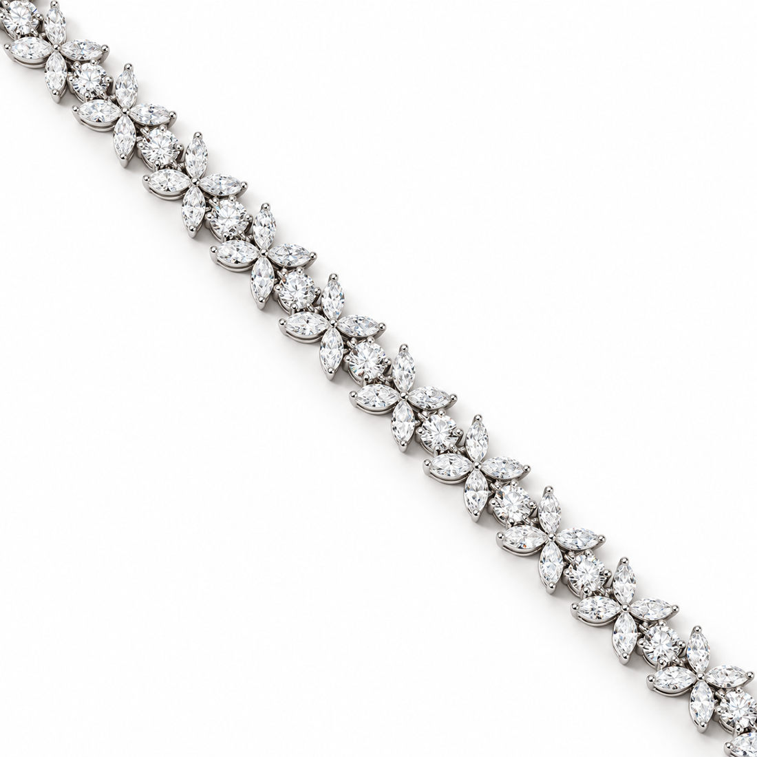 Close-up of the marquise diamond blossoms and round brilliants