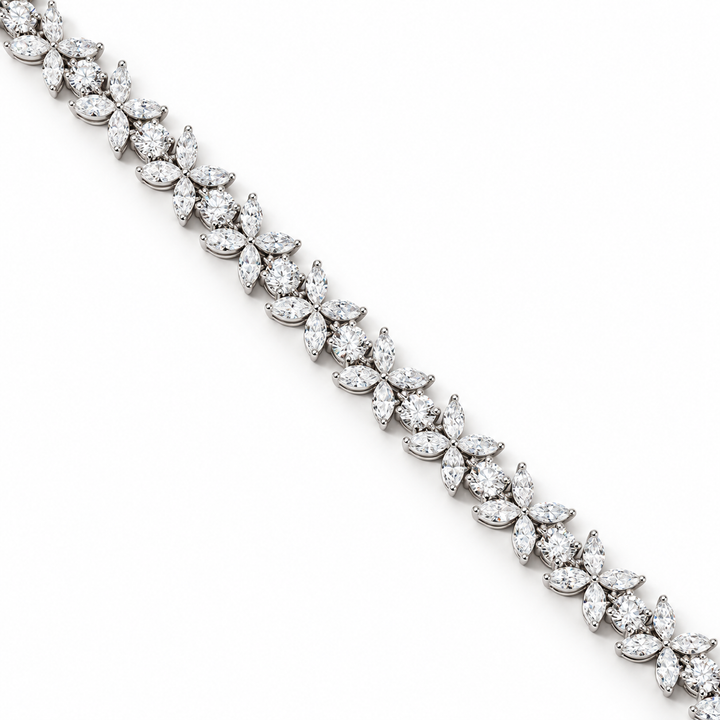 Close-up of the marquise diamond blossoms and round brilliants