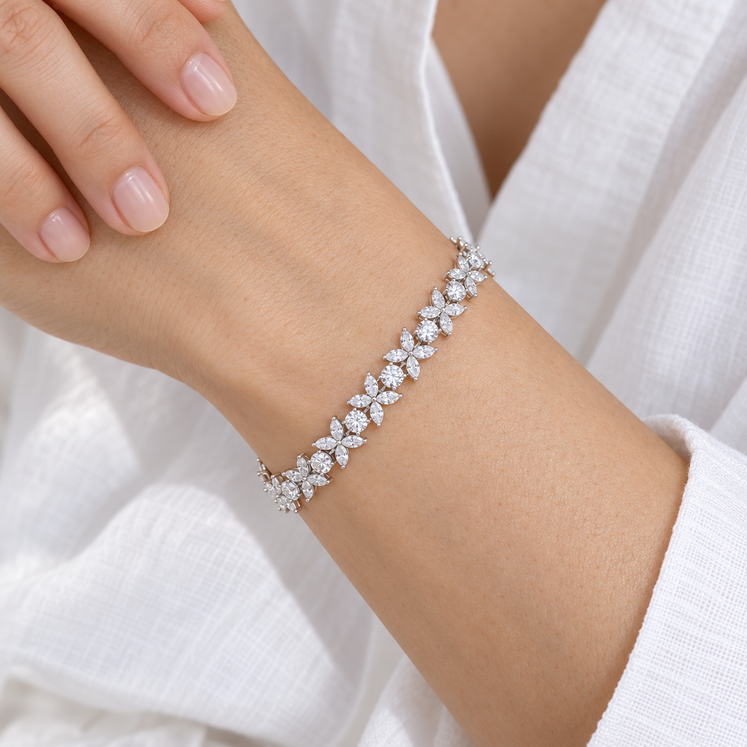 The Jardin Blossom Tennis Bracelet worn on the wrist