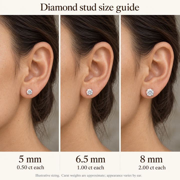 Four-prong diamond stud size guide worn on the ear: 5mm, 6.5mm, 8mm