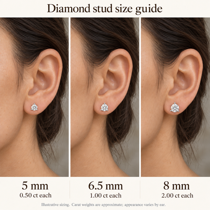 Martini diamond stud size guide worn on the ear: 5mm, 6.5mm, 8mm