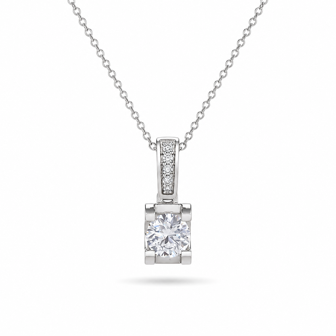 5mm, 0.6ct Round Cut Lab Diamond Pendant with Pavé-Bail Necklace in 18K Solid White Gold